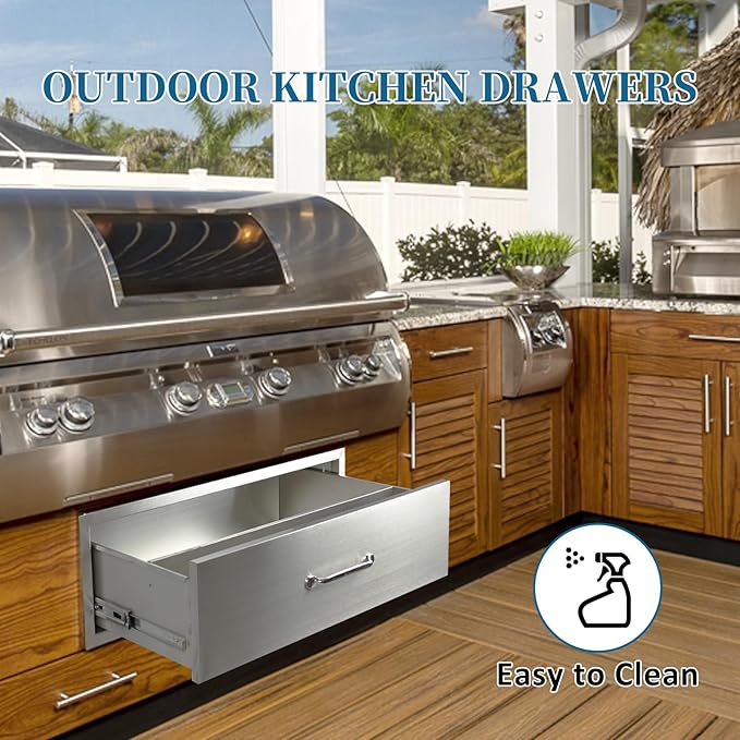 Outdoor Kitchen Drawers 30"Wx10"Hx23"D Flush Mount Access Single Drawer BBQ Stainless Steel Drawers with Handle for Outdoor Kitchen Island or Grill Station