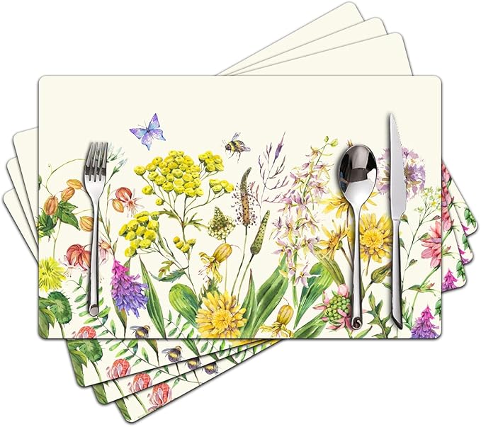 Flower Placemats Set of 4 - Floral Faux Leather Heat Resistant Placemats for Dinner Table, Non-Slip Waterproof Oil-Proof Washable Reusable Placemat for Indoor Outdoor Kitchen Decor, 15.75In*11.81In