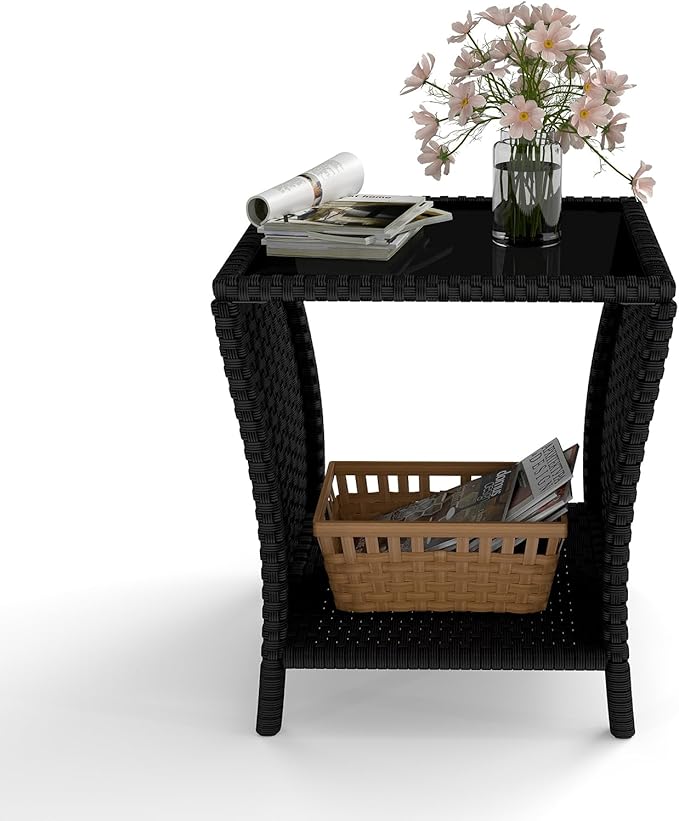 kinbor Small Outdoor Table - Tempered Glass Top Small Outdoor Wicker Side Table with Storage Shelf for Patio, Balcony & Porch, Durable PE Rattan & Iron Frame