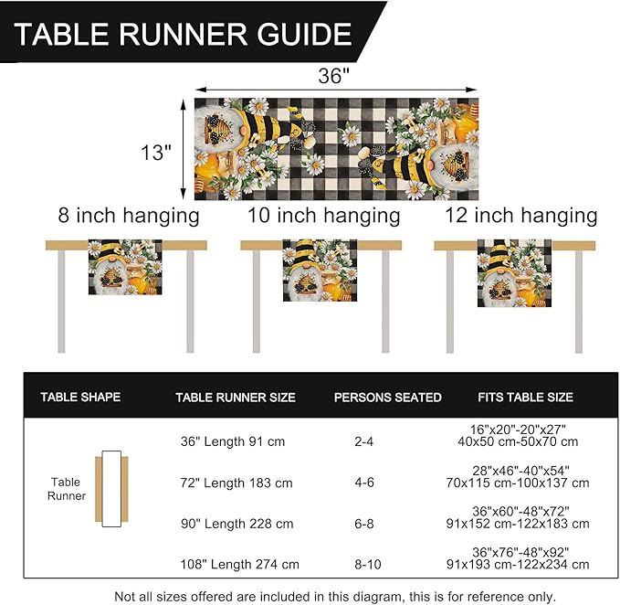 Seliem Spring Bee Gnome Table Runner, Honey Black White Buffalo Plaid Check Home Kitchen Dining Decor, Summer Seasonal Farmhouse Daisy Decorations Indoor Outdoor Anniversary Party Supply 13 x 36 Inch