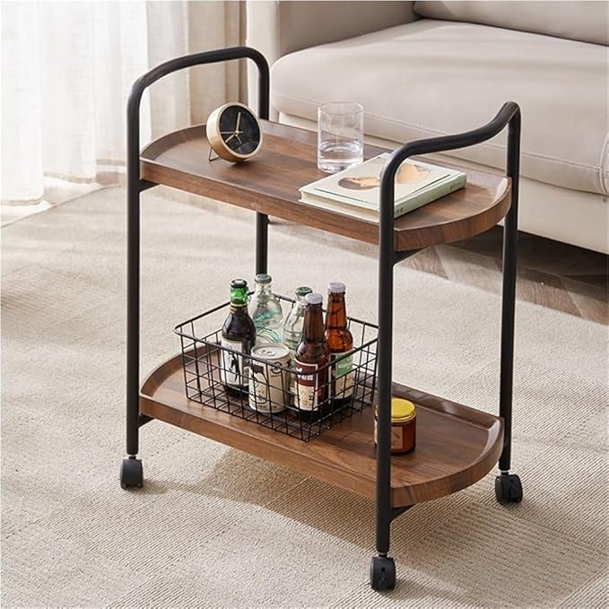 Rolling Cart with Table Top, Double Layer Bar Cart, Small Tea Cart with Wheels, Wooden Serving Carts for Hotels, Restaurants, and Homes