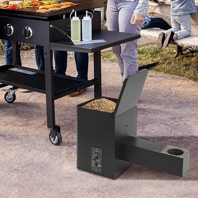 Electric Wood Pellet Smoker Grill Part, 250W 180℉ -500℉ Vertical Pellet Smoker Hopper Assembly Kit with Dual-Functional Wind Mechanism and LED Visual Feedback Screen