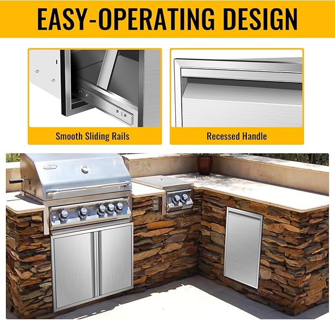 Outdoor Kitchen Drawers, Box Frame Style Flush Mount BBQ Drawer w/Stainless Steel Handle, BBQ Island Drawers For Patio Grill Station,Trash Drawer