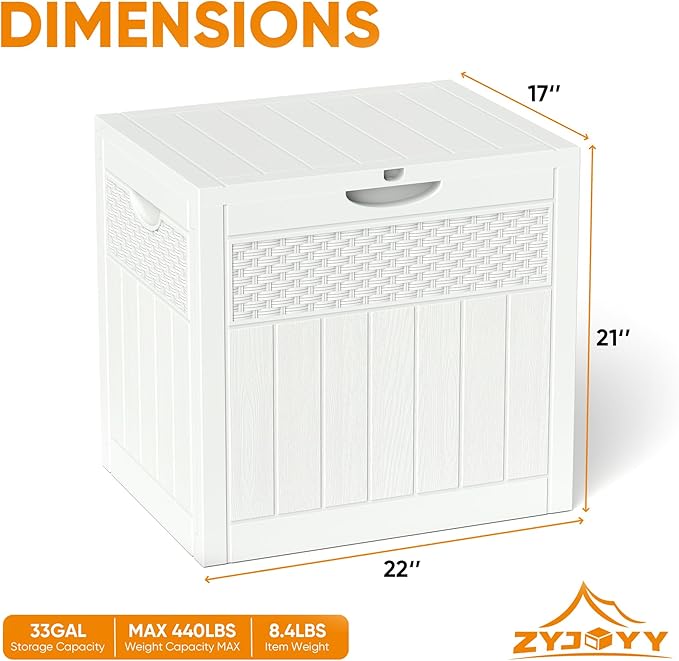 ZYJOYY 33 Gallon Resin Deck Box, Weatherproof Outdoor Storage Box for Patio, Garden and Yard, Lockable Waterproof Bin for Tools, Cushions, and Accessories, White