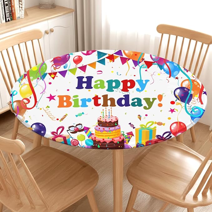Birthday Round Fitted Tablecloth with Elastic Colorful Happy Birthday Party Circle Table Cover for 44-48" Round Tables Wipeable Waterproof Cake Balloons Gifts Table Cloth for Picnic Dining Patio Decor