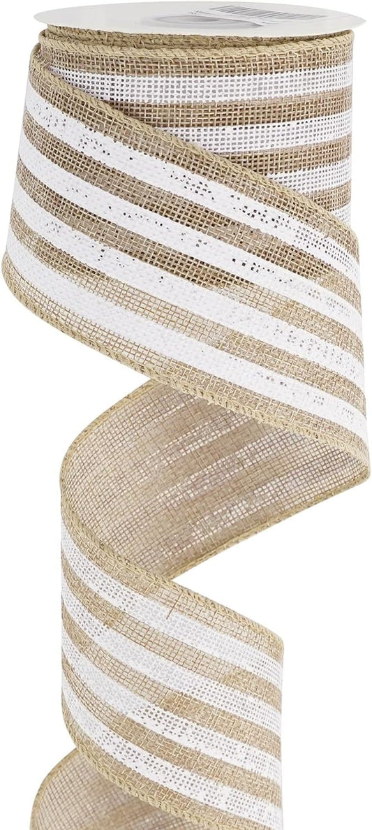 MEEDEE Burlap Wired Ribbon with White Stripe - 2.5 Inch Wired Ribbon for Cakes, Gift Baskets, Wreaths, Rustic Decor, Baby Showers, Beach, Farmhouse, 10 Yards