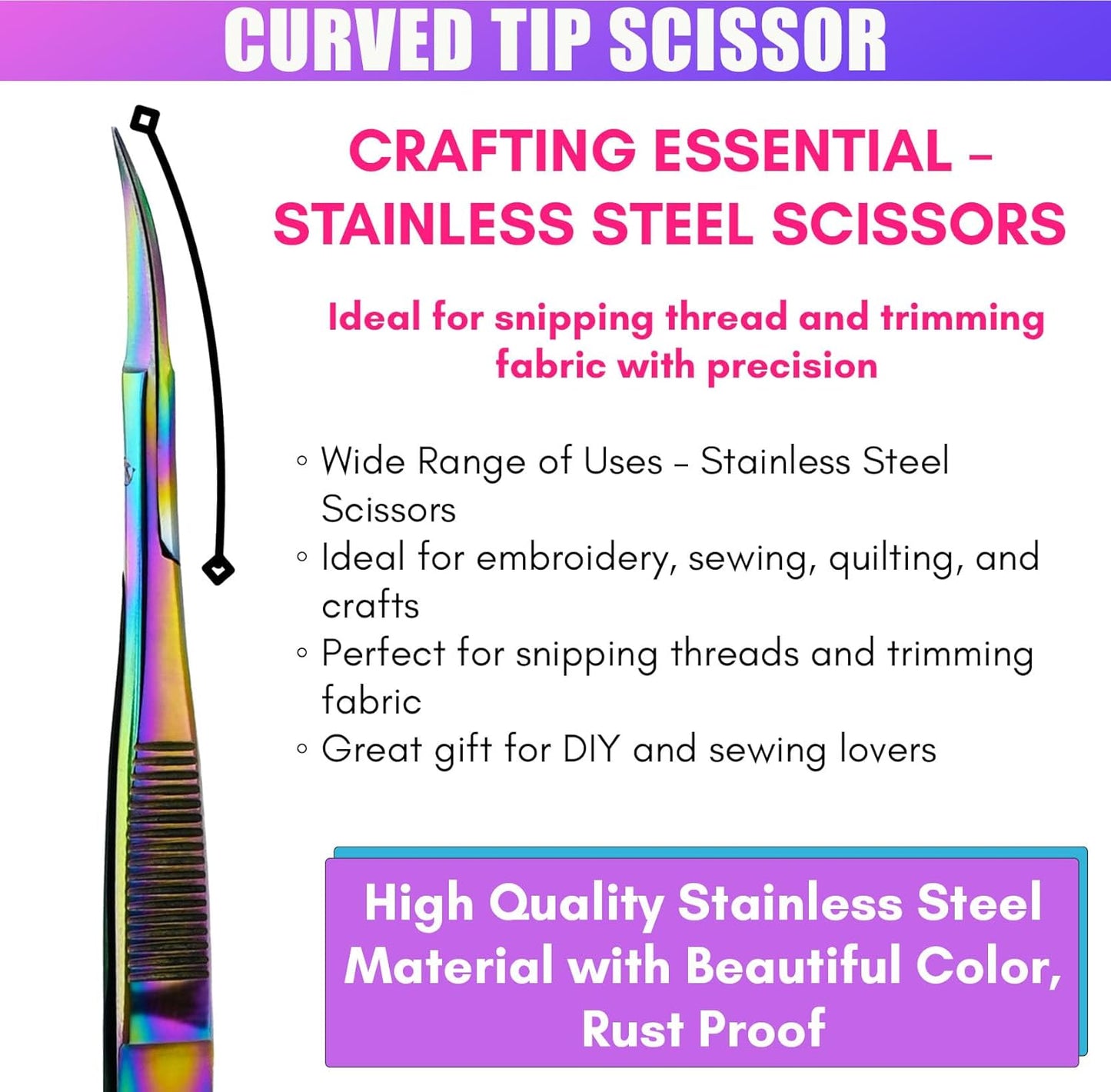 Cross Edge Curved Spring Scissors 5 Inch Stainless Steel Precision Eyebrow & Eyelash Shaping & Trimming Scissor, Snips Squeeze, Embroidery, Knitting Micro Tip Craft Scissors (Rainbow)