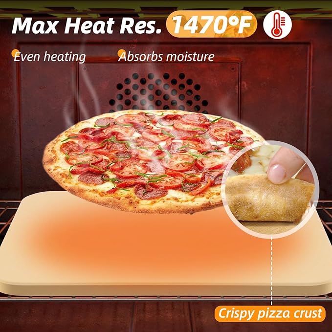 Pizza Stone 5 PCS Set, 15 x 12" Large Rectangle Pizza Stone Set for Oven and Grill with Metal Pizza Peels & Cutter Rocker, 0.6'' Thickened Stone Pizza Pan, Baking Stone for Pizza, Bread
