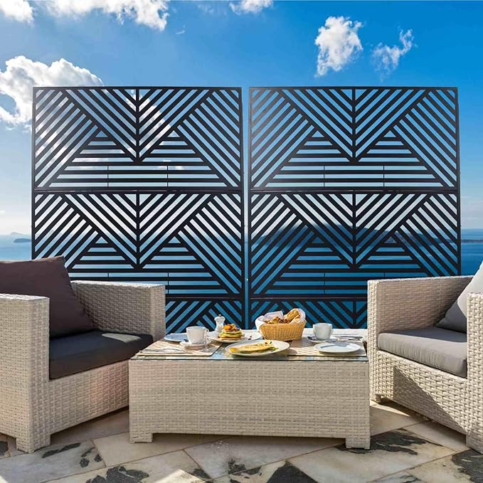 Outdoor Privacy Screen with Geometric Design – Metal Decorative Panel, Freestanding Partition, Weather-Resistant, 76"x48" for Garden, Patio, Balcony, and Yard, Black
