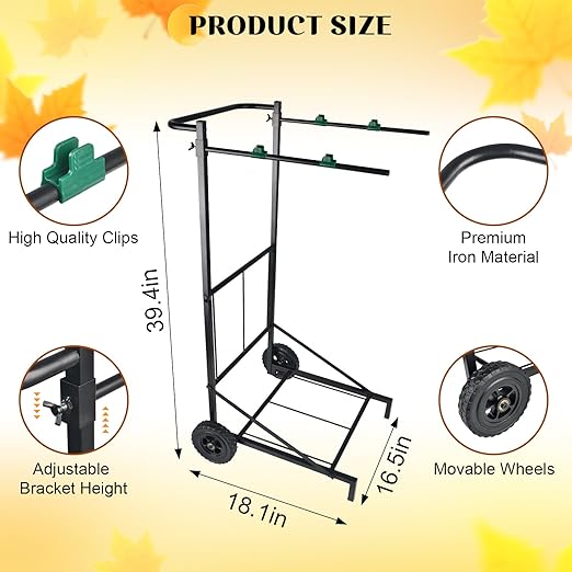 Trash Bag Holder with Wheels, Adjustable Metal Leaf Bag Holder with 4 Clips, Heavy Duty Outdoor Mobile Garbage Bags Cart, Lawn Garbage Bag Stand Holds 35-45 Gallon for Lawn Leaves, Camping, Weeding