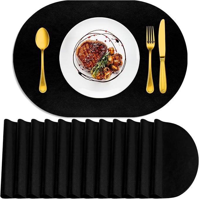 ADRIMER Placemats, Heat Resistant Oval Placemats Set of 12 Washable 12 x 17 Inch, Waterproof Table Mats, Wipeable Pu Place Mats for Kitchen, Dining Room, Black