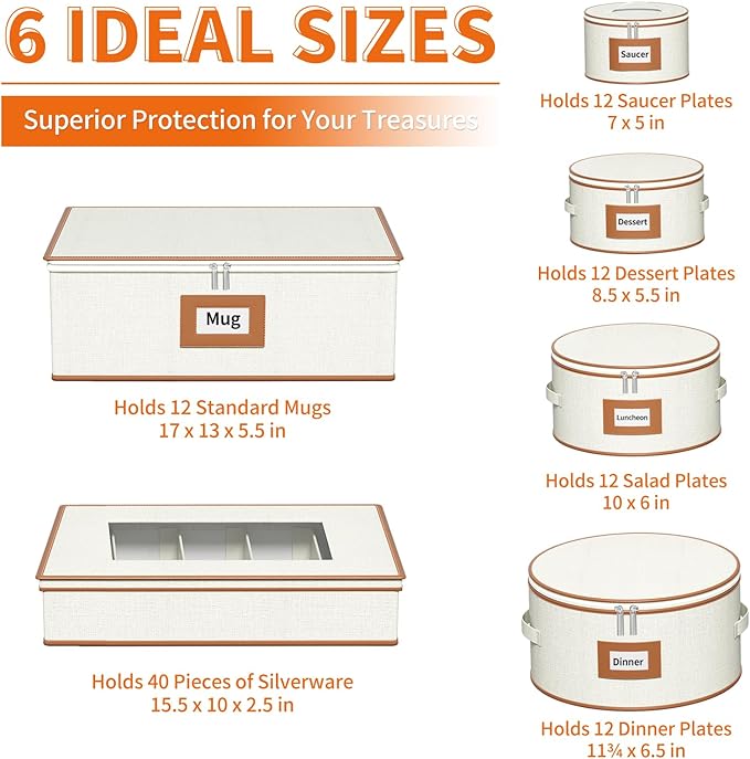 Aokeyee China Storage Containers- 6 Piece Set Hard Shell Moving Box for Dishes, Plate, Mugs, Cup, Silverware, Flatware, Saucers, Dinnerware, Sturdy Quilted Organizer with Soft Dividers, Handles, Ivory