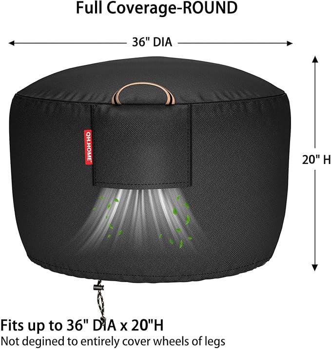 [2025 Upgraded 900D Fabric] Fire Pit Cover Round for 33-36 inch Fire Pit, 900D Heavy Duty Waterproof Fabric with Air Vent, Handle & Tightening Drawstring, 36" Dia x 20" H -Black