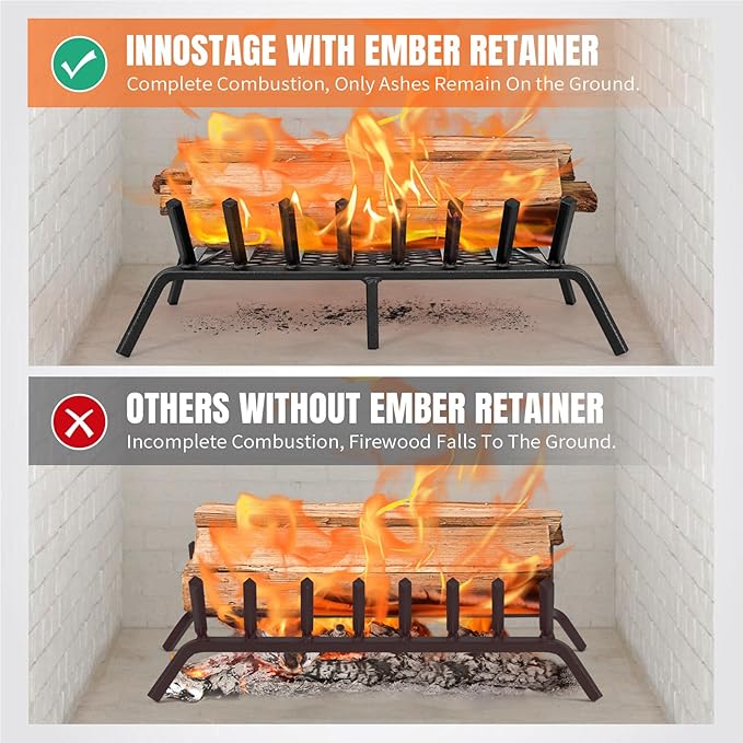 INNO STAGE Fireplace Grates with Ember Retainer - 27 Inch Fireplace Log Grate, Firewood Wood Log Holder Rack, Inside Wrought Cast Iron Fire Grate for Hearth Indoor Outdoor Camping