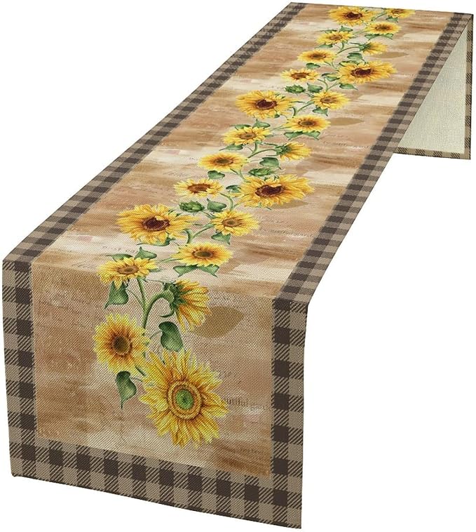 Yellow Sunflower Table Runner, Spring Sunflower Seasonal Country Fall Retro Plant Table Runners for Kitchen Farmhouse Dining Coffee Party 13x60in