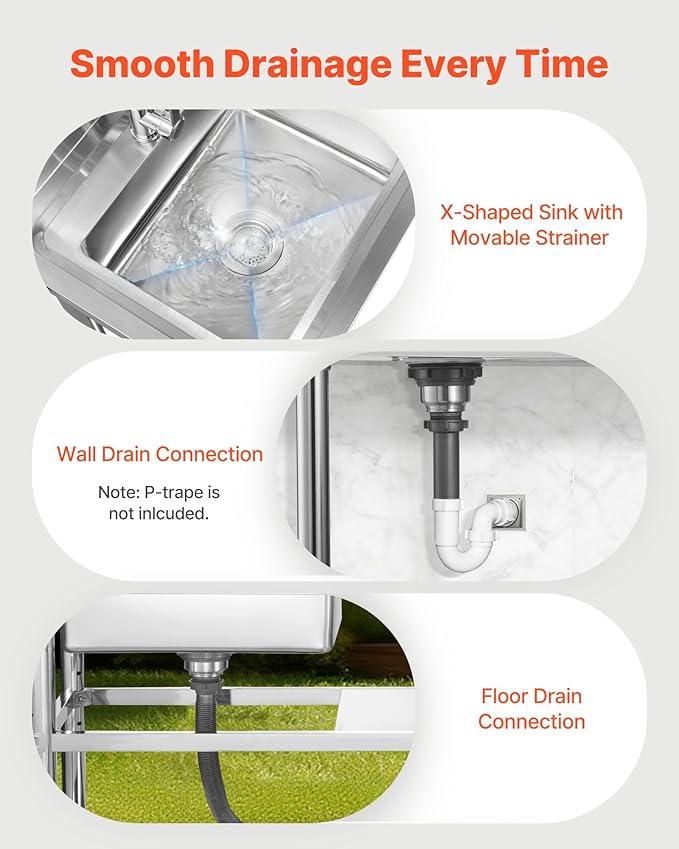 VEVOR Stainless Steel Utility Sink, Free Standing Single Bowl Commercial Kitchen Sink with Faucet and Hot & Cold Water Pipe, Dual Storage Shelves for Garage, Restaurant, Laundry, 47.2 x 19.7 x 37 in