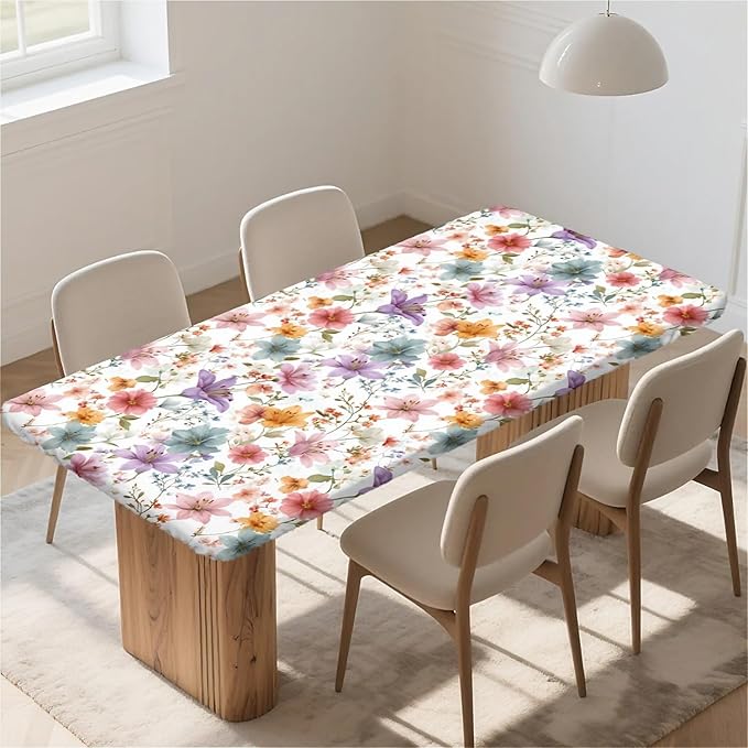 Rectangle Table Cloth Cover Waterproof Elastic Fitted Polyester Fitted Tablecloths for 6 Foot Tables for Indoor,Picnic, Camping, Outdoor （72" x 30"，Flower）
