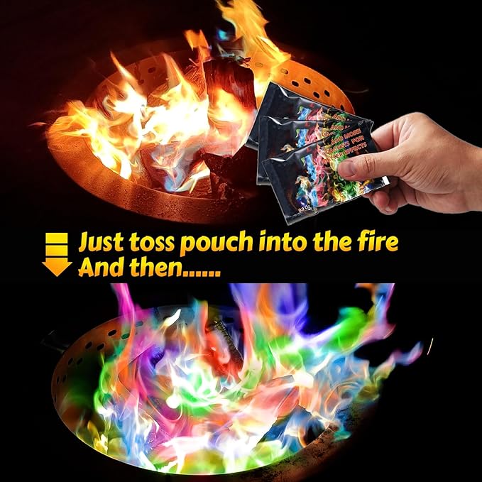 HGD (50 Pack) Fire Color Changing Packets for Fire Pit, Indoor/Outdoor Fireplace, Campfires, Bonfires - Mystical Rainbow Magic Flames, Camping Accessories for Family Entertainment