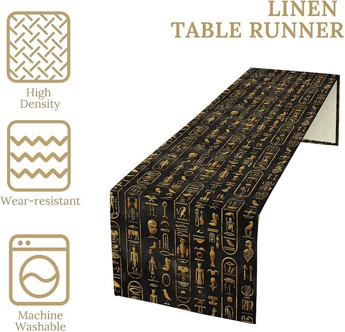 Egyptian Table Runner, Retro Egypt Mythology African Hieroglyphics Alphabet Murals Black Pattern Table Runner for Family Kitchen Coffee Dining Farmhouse Party 13x60in