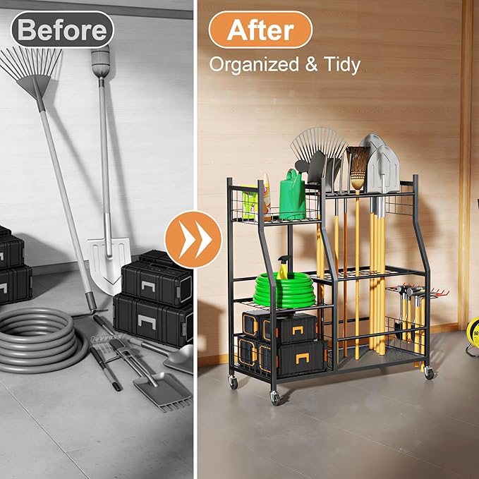 Garden Tool Organizer with Wheels for Garage, Freestanding Garage Tool Organizer, Yard Tool Holder, Garden Tool Cart for Long Handled Tools,Rakes, Brooms, Yard Storage Rack for Shed, Indoor, Outdoor
