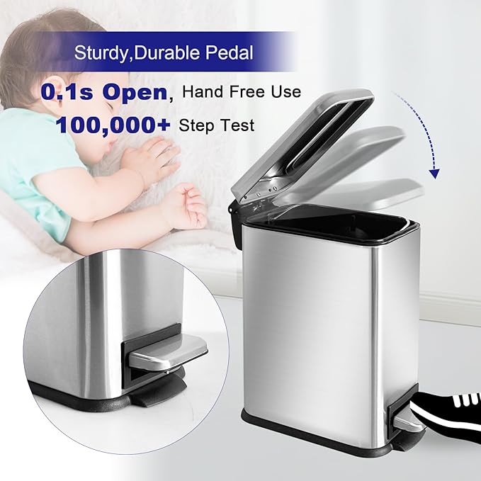 Bathroom Trash Can，5L/1.3 Gallon Trash Can with Removable Liner Bucket, Foot Pedal, Stainless Steel Small Garbage can with Lid for Bathroom,Bedroom,Home Office,Silver