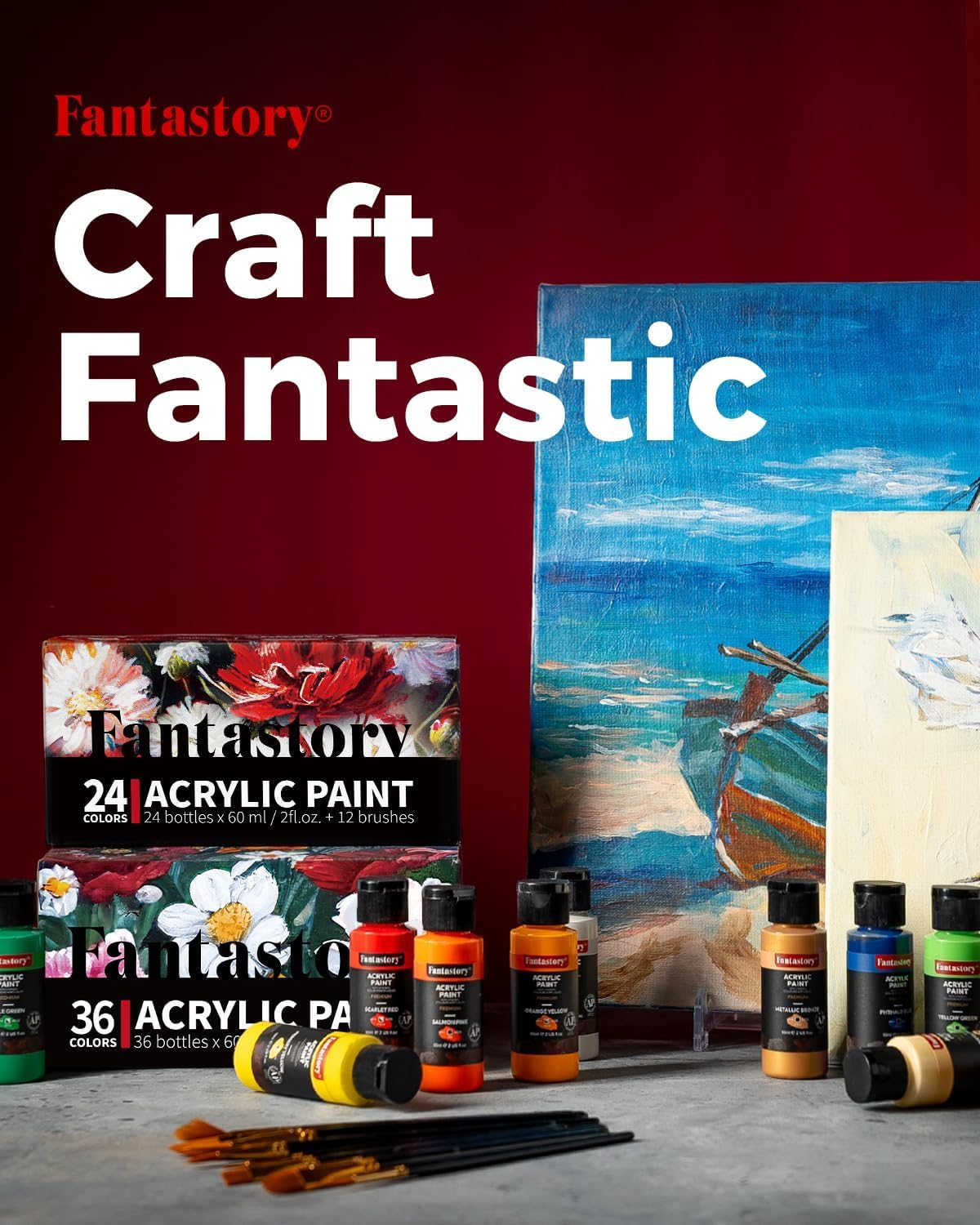 Fantastory Acrylic Paint Set 36 Classic Colors(2oz /60ml) with 12 Brushes, Professional Craft Thick Paints Kits for Adults, Canvas Wood Fabric Ceramic Rock Painting Supplies [Professional Series]