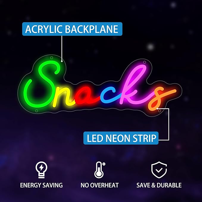 Snacks Neon Sign, Snack Bar Sign for Wall Decor, Colorful Snacks Neon Light Sign for Cake Candy Shop Coffee Bars, Dimmable USB Powered Light Up Sign