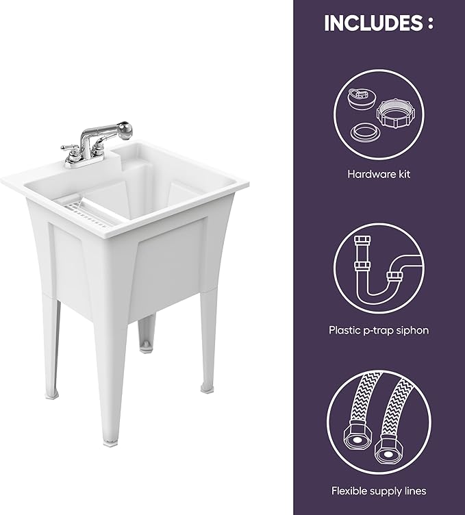 Freestanding Utility Sink with Two Handle Chrome Faucet - 24" Plastic Utility Sink for Garage, Laundry, Indoor and Oudoor Use - Laundry Tub Kit by Noah William Home - White (19.5 gal)