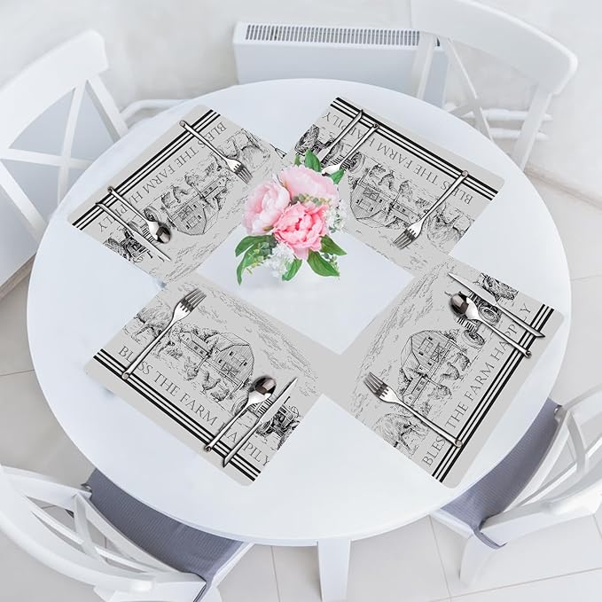 Farm Placemats Set of 4 - Farmhouse Heat Resistant Placemats for Dinner Table, Non-Slip Waterproof Oil-Proof Washable Reusable Placemat for Indoor Outdoor Kitchen Decor, 15.75In*11.81In