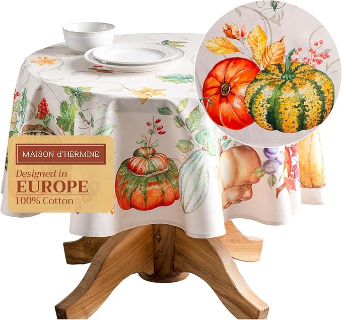 Maison d' Hermine Table Cloth Round Table 100% Cotton 69 Inches Fall Tablecloth Reusable Everyday Use for Thanksgiving Christmas Decorations Dining Farmhouse Party (Lumina)