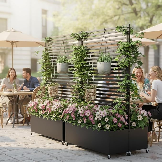 Double Metal Planter Box with Trellis Privacy Screen, Raised Garden Bed with Trellis & Wheels, Planter Box Outdoor with Drainage Holes for Climbing Plants, Vegetable, Vines,73"x 47"x 30", Black