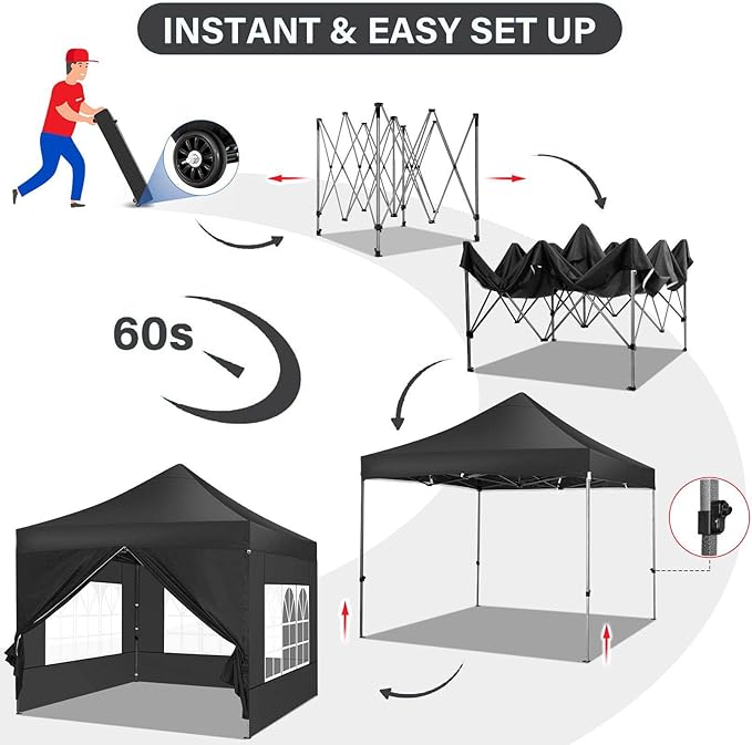 COBIZI 10x10 Pop Up Canopy Tent 10x10 Canopy with 4 Sidewalls Waterproof Heavy Duty Commercial Canopy Tent for Parties Outdoor Garden Gazebo, Carry Bag with Wheel(10x10ft, Black)