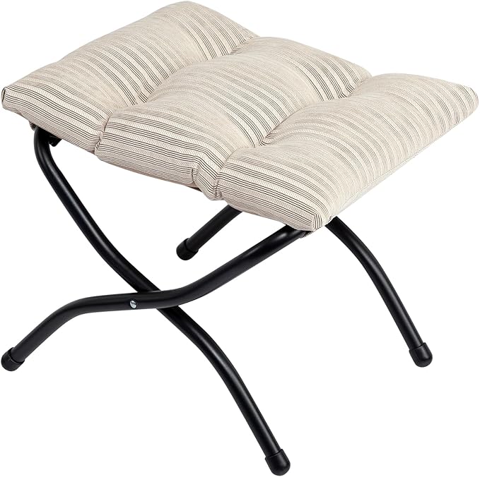 HollyHOME 15"(H) Folding Footrest Stool, Upholstered Small Foldable Ottoman, Accent Padded Sofa Foot Stool for Lazy Chair, Metal Frame Portable Foot Rest Ottoman for Living Room, Bedroom, Beige Stripe