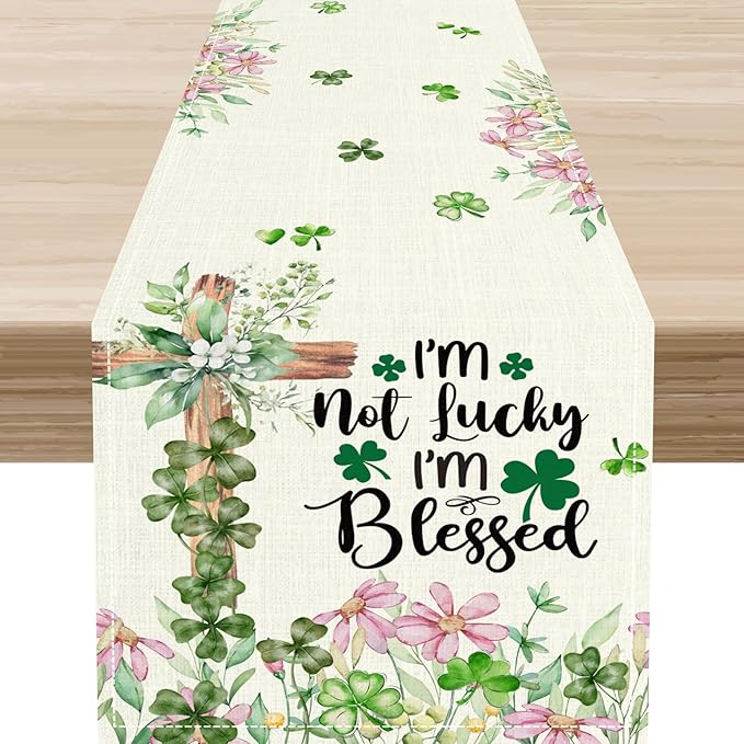 Cross Clover Table Runner,Rustic Beige Pink Floral Green Shamrock St.Patrick's Day Table Center Decor for Home Kitchen Dining Patio Holiday Party Indoor Decorations, 13"x108"
