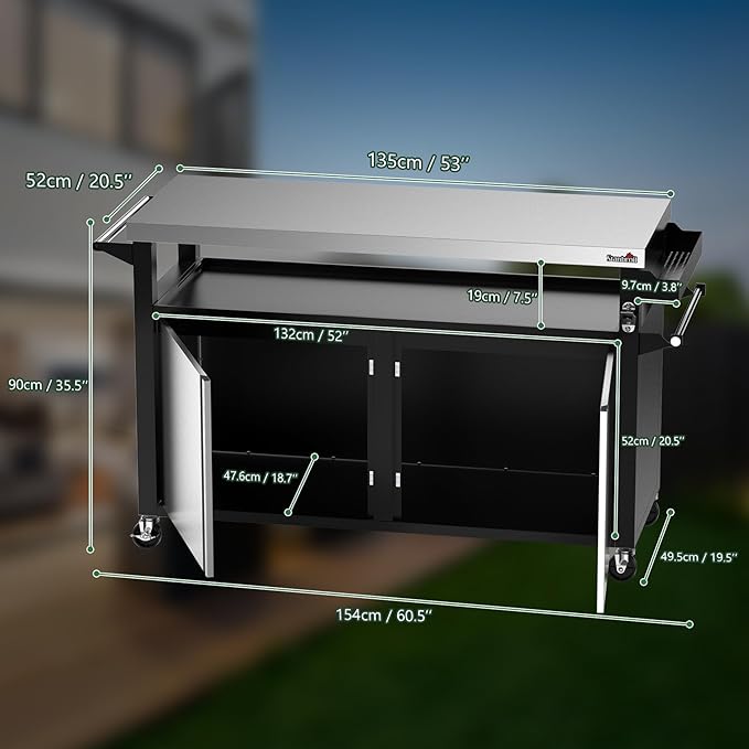 Stanbroil Rolling Outdoor Kitchen Island, BBQ Grill Cart with Stainless Steel Table Top, Double-Door Storage Cabinet & Pull-Out Shelf, Grill Table Cart for Outdoor Indoor, Large