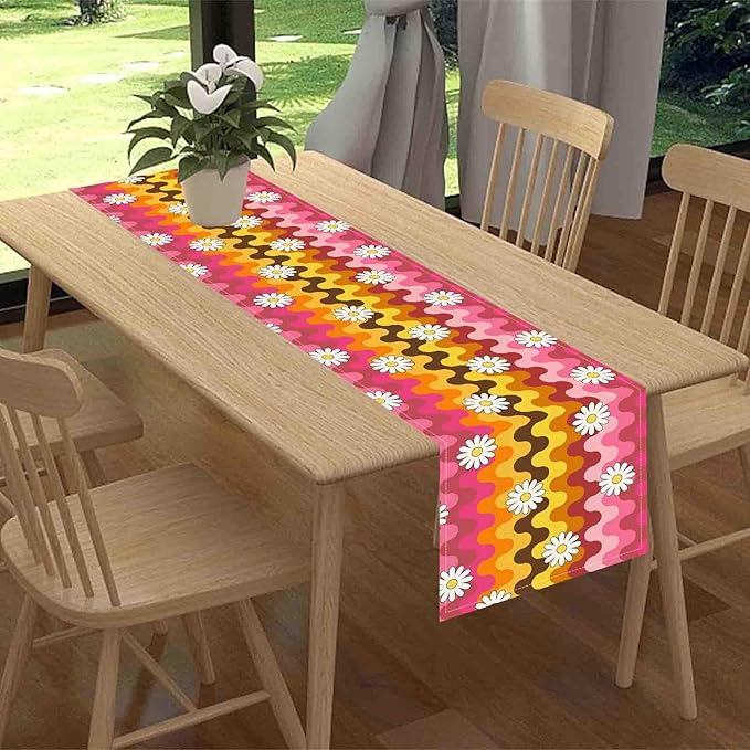 70s Table Runner, Retro Groovy Hippie Daisy Floral Pink Yellow Wave Funky Trippy Coffee Table Center Decor for Home Kitchen Dining Patio Holiday Party Indoor Outdoor Table Decorations, 13"x108" Inch