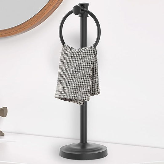 Hoimpro 17 Inch Stand Hand Towel Holder Towel Bar Towel Hanging Ring, Free Standing Floor Hand Towel Rack Storage for Bathroom Kitchen Vanity Countertops, Hardware Accessories(Matte Black)