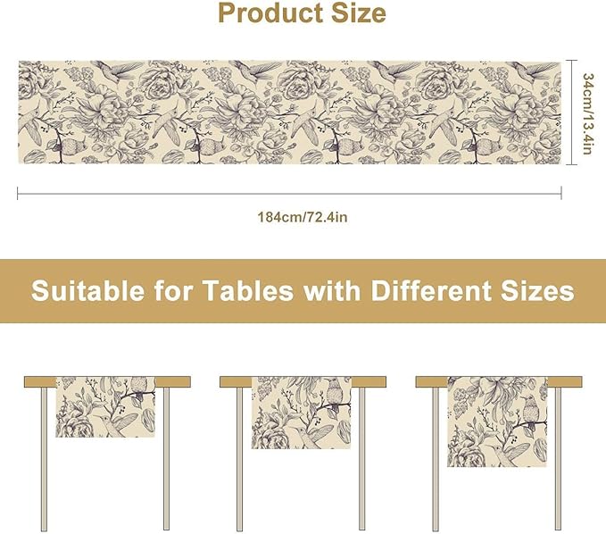 Retro Floral Bird Table Runner,Vintage Boho Rose Flower Birds Table Runner for Kitchen Dining Table Holiday Farmhouse Home Party Decor 13x60in