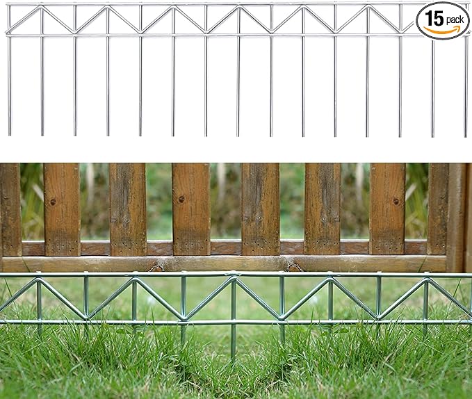 15 Pack 32" L x 10" H Animal Barrier Fence, No Dig Fence Patented Product, 5.5mm Galvanized Stakes with 2.1" Spacing, Anti Digging for Dogs Outdoor Yard Patio, Total 40Ft(L) X 10in(H) Silver