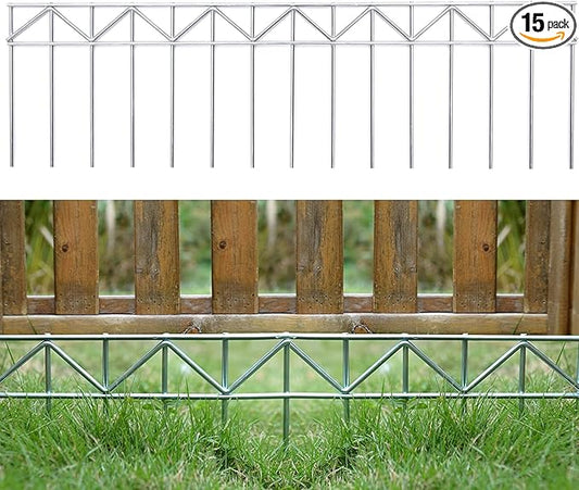 15 Pack 32" L x 10" H Animal Barrier Fence, No Dig Fence Patented Product, 5.5mm Galvanized Stakes with 2.1" Spacing, Anti Digging for Dogs Outdoor Yard Patio, Total 40Ft(L) X 10in(H) Silver