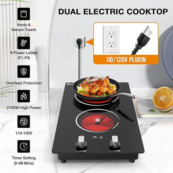 2 Burner Electric Cooktop, 2100W Electric Stove Top Hot Plate, 12 inch Countertop Burner & Built-In Stove Top, 9 Levels of Power, Knob Control, Timer & Kid Safety Lock, Residual Heat Warning