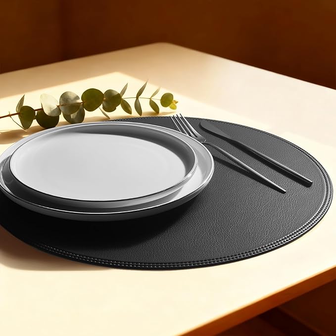 Round Vinyl Black Placemats Set of 6, Faux Leather Waterproof Wipeable Heat Resistant Place Mats, Washable Table Mats for Halloween, Thanksgiving & Christmas Dinner(Black)