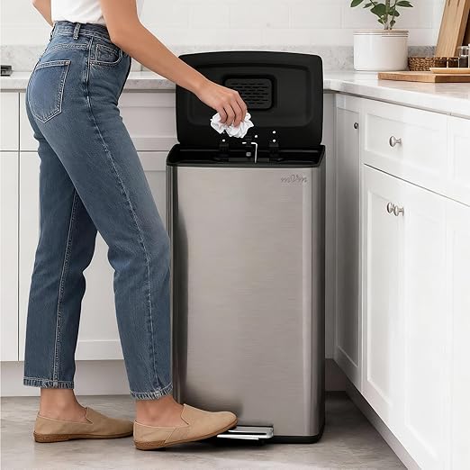 mVm Kitchen Trash Can, 40Liter / 10.6 Gal Brushed Stainless Steel Trash Can With Lid And Foot-Pedal, Soft-Close, Odor Control,Anti-Fingerprint,Garbage Can For Kitchen,Living Room,Office(Metallic Gray)