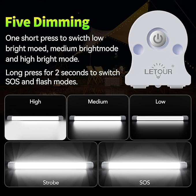 LETOUR LED Tube Magnetic Light Work Lights 6000Lumens 10400mAh 5 Lighting Options Camping Lantern USB Rechargeable Portable Battery Powered Lights with 2 Magnets Endurance for 80 Hours