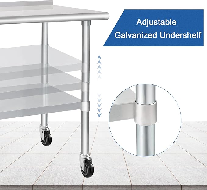 HARDURA Stainless Steel Table with Wheels 30X72 Inches NSF Heavy Duty Commercial Prep Table with 2” Backsplash and Adjustable Undershelf for Food Prep