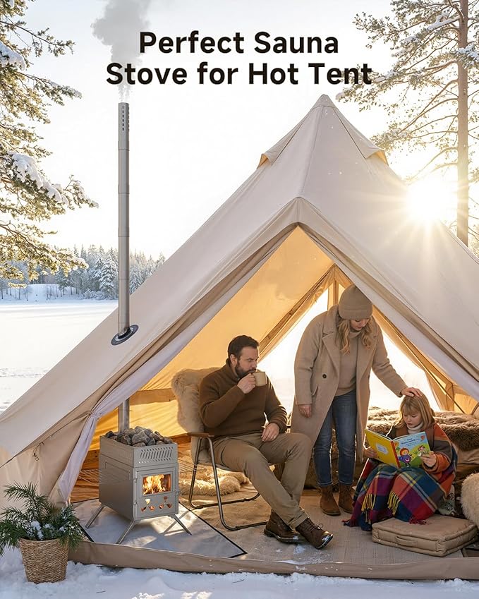Sauna Hot Tent Stove, Camping Wood Burning Stove with 8 Stainless Chimney Pipes, Portable Folding Wood Stove for Tent, Outdoor Heating, Cooking, Ice Fishing, Hunting