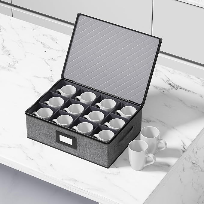 Aokeyee 2-Pack Cup and Mug Storage Box, Hard Shell China Storage Containers - Holds 24 Coffee Mugs, Tea Cups & Glasses, Stackable Organizers with Lid, Handles, Zippers & Label for Moving