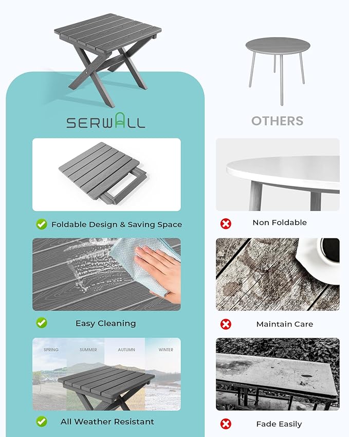 SERWALL Small Folding Side Table, HDPE Outdoor End Table for Patio, Porch, Deck, Pool, Gray