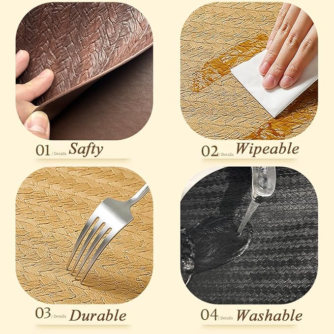 PIGCHCY Waterproof PVC Place Mats Set of 6, Non-Slip Faux Leather Placemats Rattan Pattern Surface Table Mats for Wedding/Birthday Party/Kitchen (18"x12", Brown)