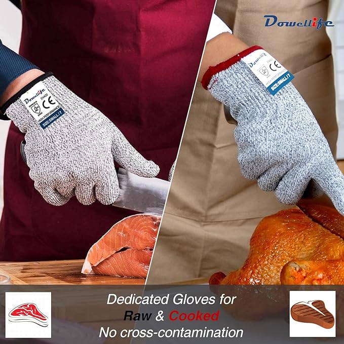 Dowellife Cut Resistant Gloves Food Grade Level 5 Protection, Safety Kitchen Cuts Gloves for Oyster Shucking, Fish Fillet Processing, Mandolin Slicing, Meat Cutting and Wood Carving. (Large-2 Pairs)